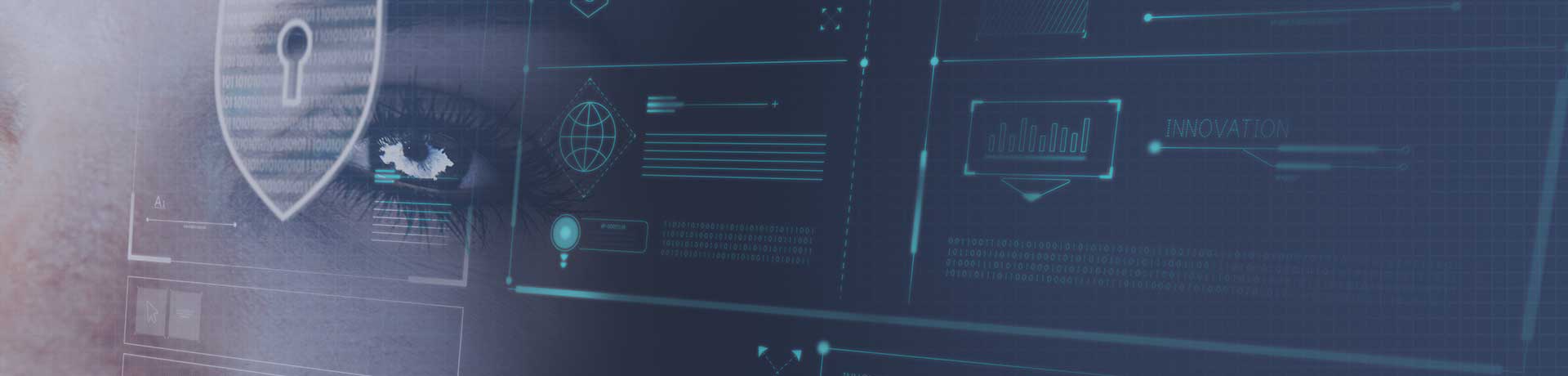 A woman's face with pictograms representing the protection of personal data