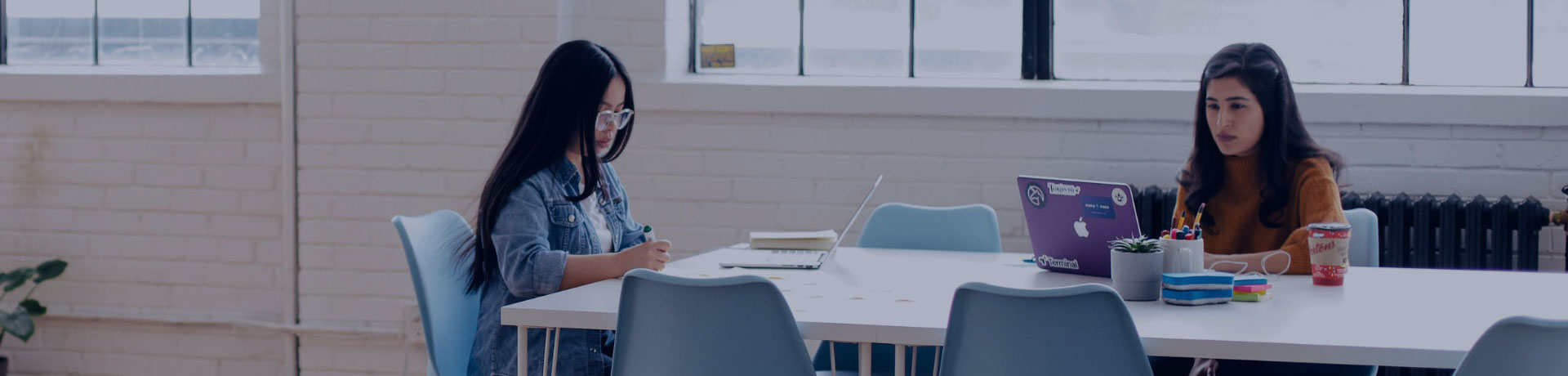 2 jeunes filles travaillent sur leur ordinateur dans une office