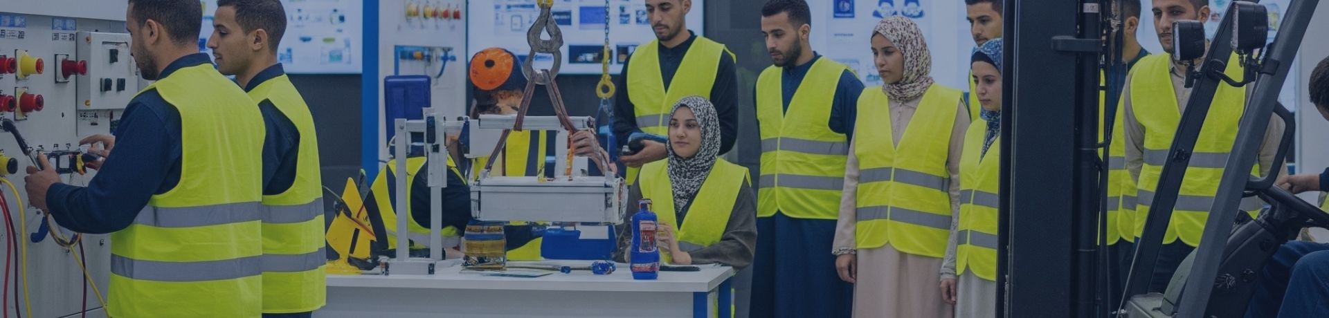 Industrial logistics training with forklift trucks and technical equipment at the training center.