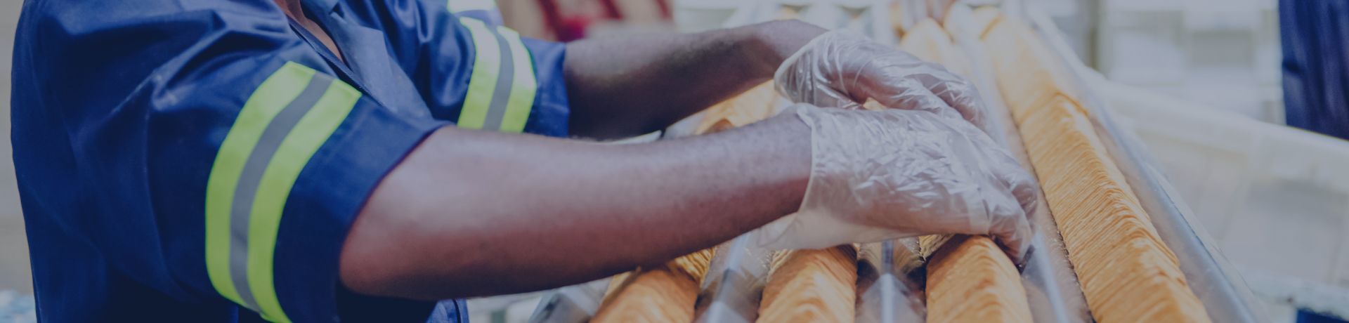 Des ouvriers d'une usine de biscuits empilent des biscuits fraîchement cuits sur la ligne de production en vue de leur conditionnement