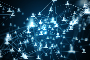 Un fond bleu marine, avec des pictogrammes représentants un réseau de personnes