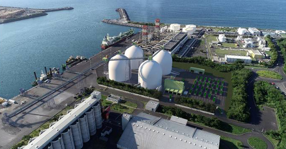 Simulation paysagère des quatre dômes de stockage au PORT-Est, entre les sites de la centrale EDF et des silos à grain