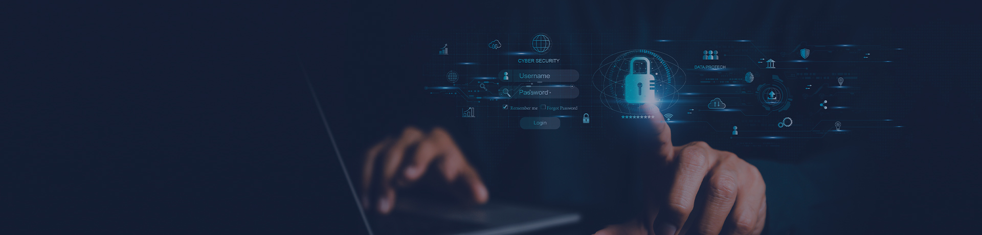 Un homme devant son ordinateur en train de toucher des pictogrammes représentant le concept de la cybersécurité, un fond très sombre