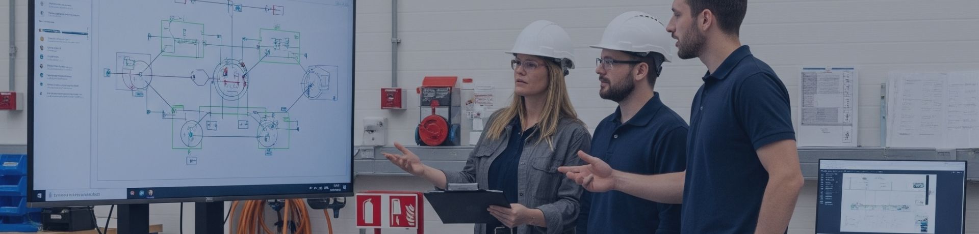 Trois ingénieurs consultent un grand écran affichant un schéma technique dans un atelier industriel.