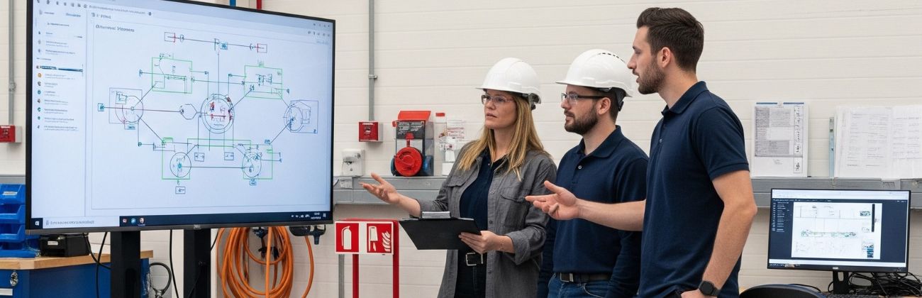 Trois ingénieurs consultent un grand écran affichant un schéma technique dans un atelier industriel.