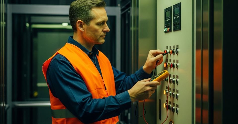 Technicien de maintenance ascenseur vérifiant le panneau de contrôle