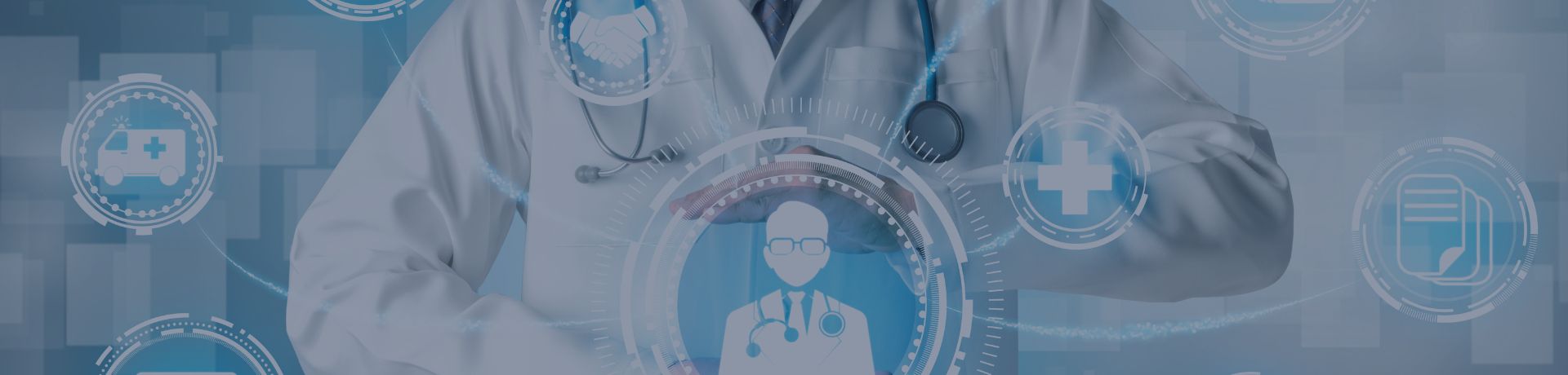 Un médecin en blouse blanche avec un stéthoscope est entouré d'icônes numériques bleues représentant la santé, la cybersécurité et la protection des données médicales.