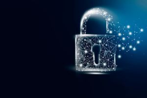 Cadenas blanc sur fond noir dégradé de bleu - Concept de cybersécurité