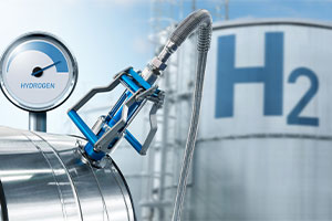 Jauge d'hydrogène et buse sur fond de réservoirs de gaz