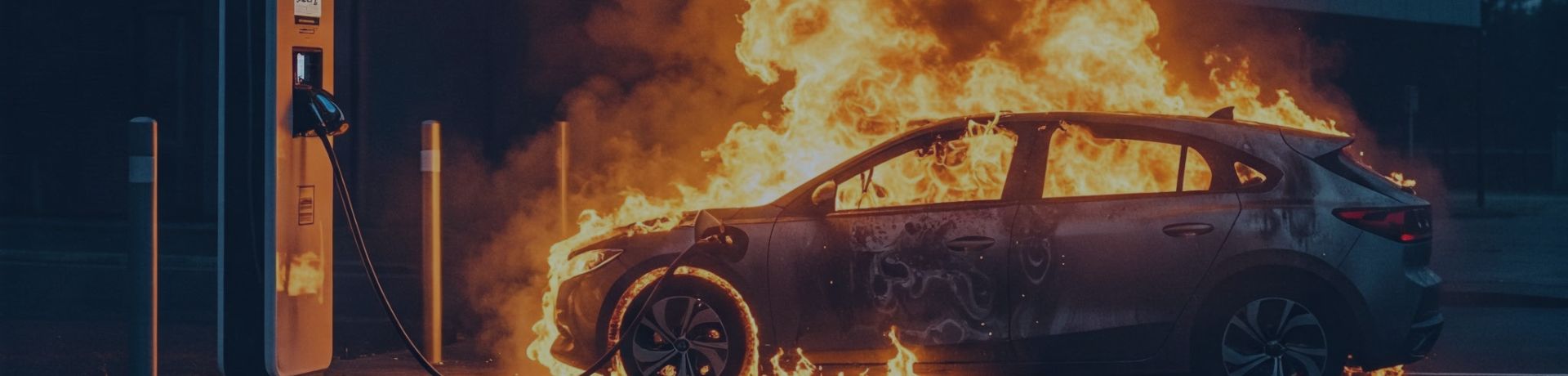 Voiture électrique en feu à une borne de recharge.