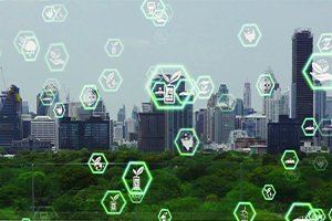 Visuel d'une ville avec des pictogrammes représentant l'environnement