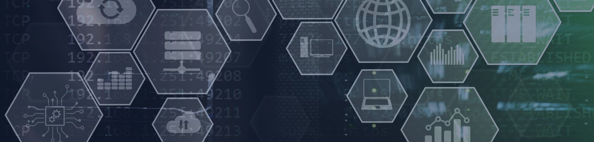 Interface d'intelligence artificielle (IA) avec des icônes de technologie et de données en hexagone.