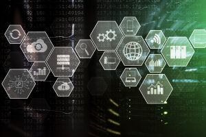 Interface d'intelligence artificielle (IA) avec des icônes de technologie et de données en hexagone.