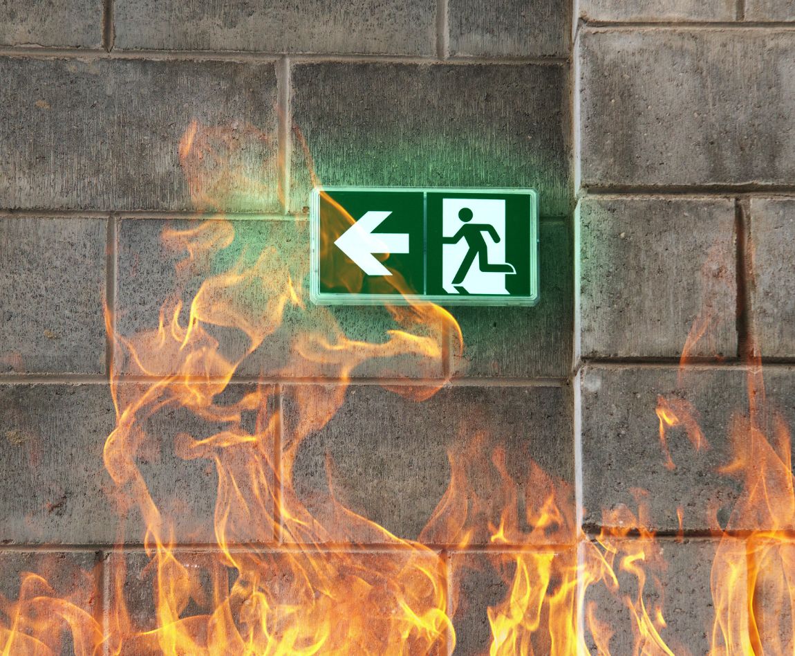 Panneau de sortie de secours lumineux sur un mur en pierre léché par des flammes.