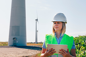 femme ingénieur éolien vérifiant une tablette dans un champ de turbines.
