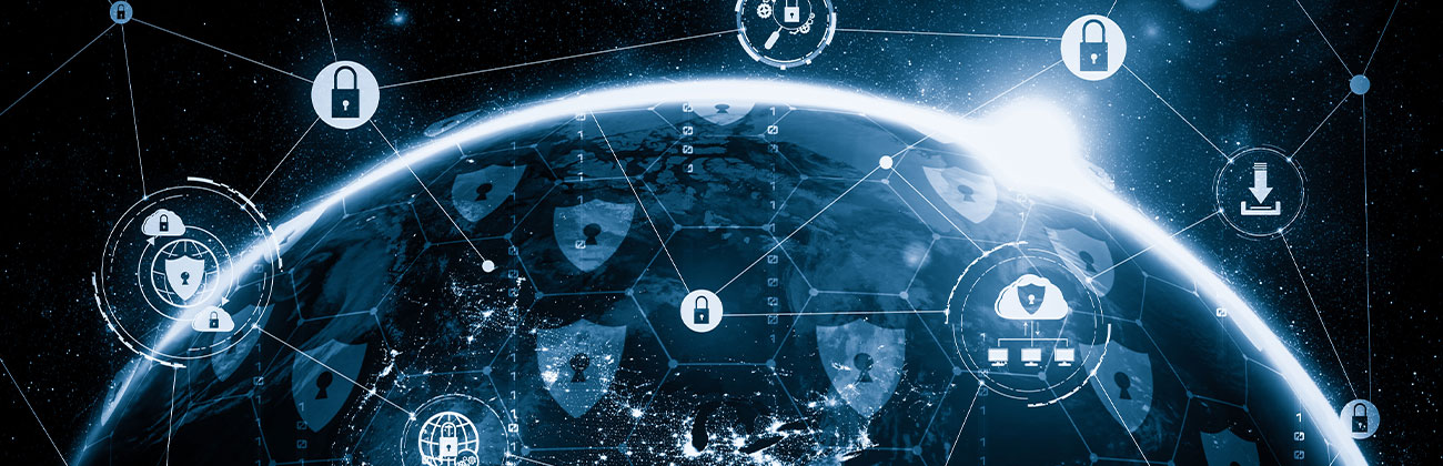 Une planète avec des pictogrammes représentants le concept de cybersécurité