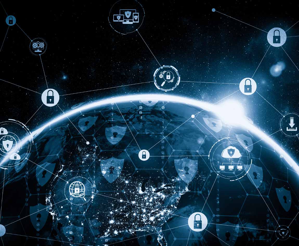 Une planète avec des pictogrammes représentants le concept de cybersécurité