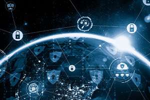 Une planète avec des pictogrammes représentants le concept de cybersécurité