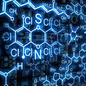  Vues numériques superposées de formules et structures chimiques, avec des atomes et liaisons, sur un fond bleu foncé.