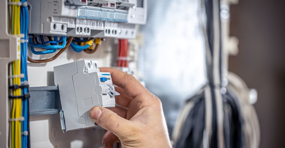 Électricien installant un disjoncteur dans un tableau électrique pour assurer la sécurité et la conformité.