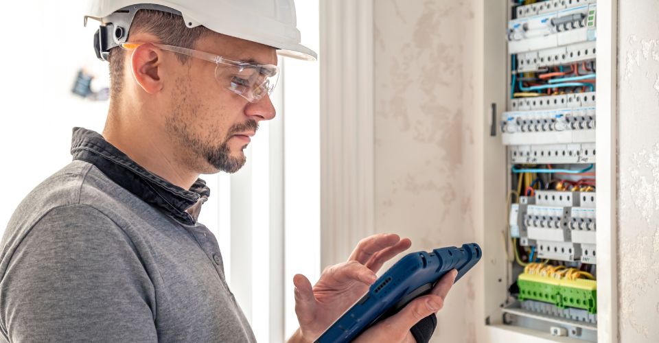 Électricien contrôlant un tableau électrique via une tablette pour assurer conformité et sécurité aux normes NFC 15-100.