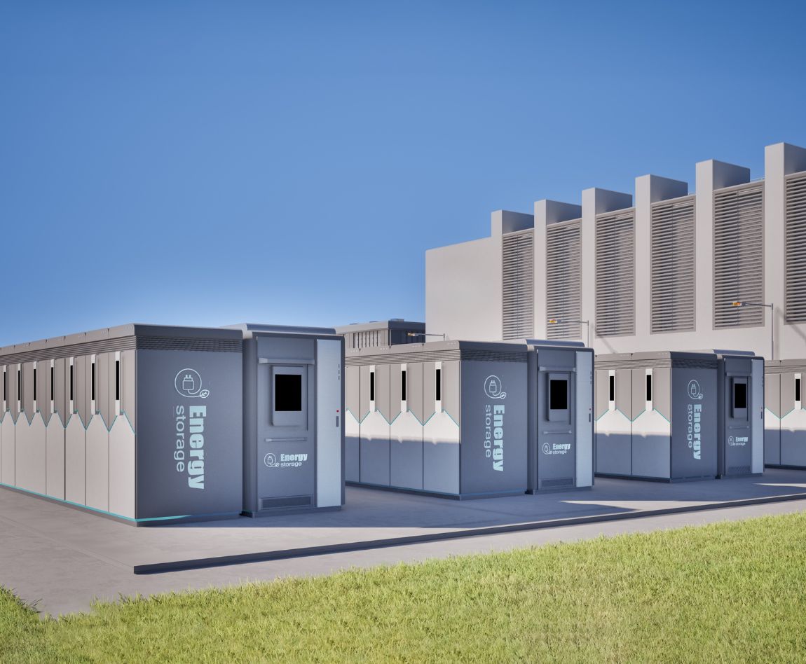 Rangées de modules de stockage d'énergie par batterie (BESS) devant un bâtiment industriel