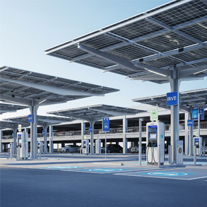 Un parking moderne équipé de bornes de recharge pour véhicules électriques sous des auvents solaires.