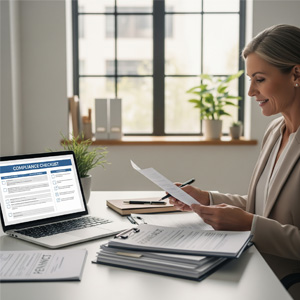 Une femme blonde en tailleur beige est assise à son bureau, souriant tandis qu'elle lit un document. Un ordinateur portable affichant une "Compliance Checklist" est ouvert sur le bureau.