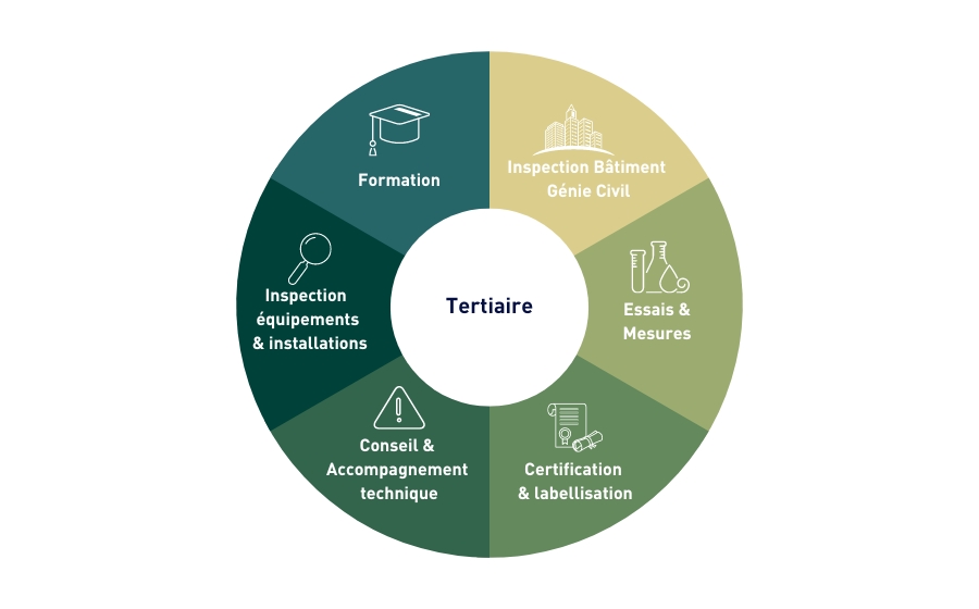 Roue présentant les différents métiers Apave pour les acteurs du Tertiaire: Formation, Inspection bâtiment et Génie Civil, Essais et mesures, Certification et labellisation, Conseil et Accompagnement Technique, Inspection équipements & installations