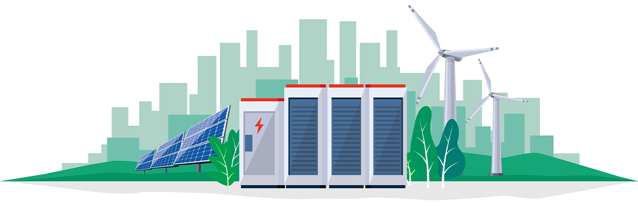 Illustration vectorielle d'une grande station de stockage d'énergie à batteries lithium-ion rechargeables et d'une station d'énergie électrique renouvelable avec panneaux solaires et éoliennes. Système de stockage d'énergie de secours.