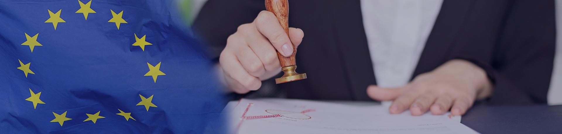 woman stamping a file with a European flag