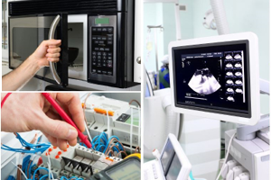 Des images de manipulation d'objets électriques : un micro-onde, un circuit imprimé, un échographe