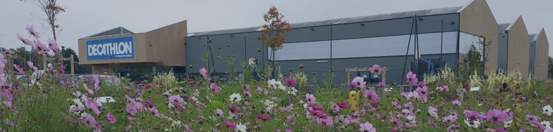 Magasin Décathlon de Saint Malo avec des fleurs devant