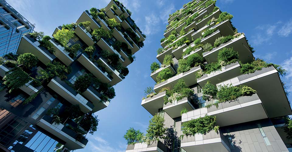 Vue du bas de deux bâtiments avec de la verdure pour représenter les certifications et labels environnementaux
