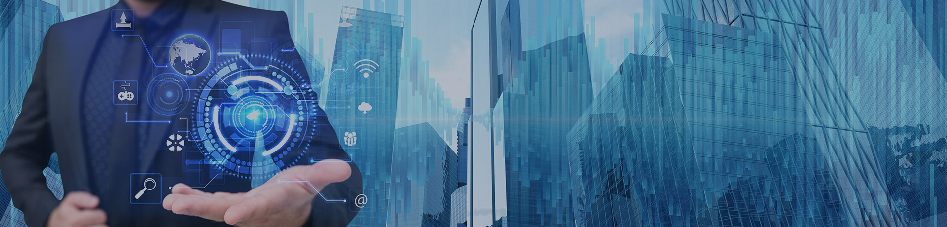 homme tenant un batiment dans ses mains avec des graphiques numériques autour