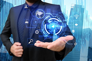 homme tenant un batiment dans ses mains avec des graphiques numériques autour